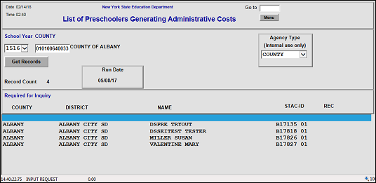 A screenshot of the DQKID List of Preschoolers Generating Administrative Costs on the STAC Online System (EFRT)