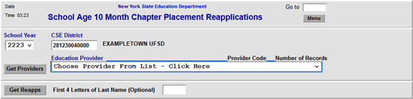 DRCHP Screenshot, after the Get Providers button has been clicked but before an Education Provider has been selected from the dropdown.