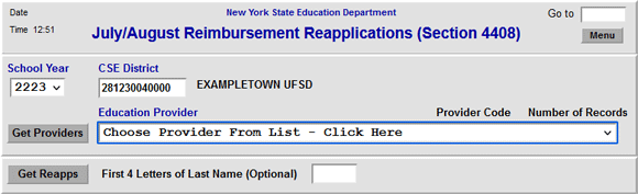 DRSUM Screenshot, after the Get Providers button has been clicked but before an Education Provider has been selected from the dropdown.