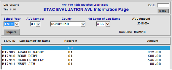 A screenshot of the DREVL STAC EVALUATION AVL Information Page within EFRT.