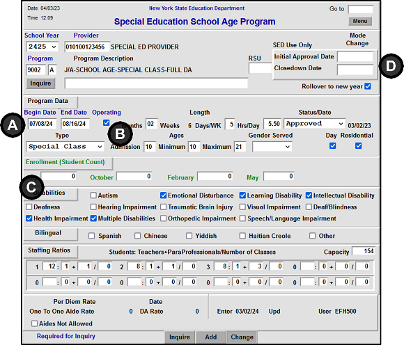 Screenshot of DSCHA Special Education School Age Program screen with Special Education Provider 2223 9002-A program loaded