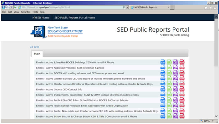 Title: SEDREF Reports home page - Description: This screen print shows the SEDREF Reports home page with reports listed and the file types available.