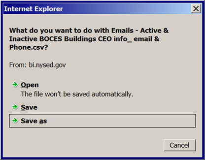 Title: Internet Explorer save file screen - Description: The user needs to click on the save as button to specify the folder the file will be saved to.