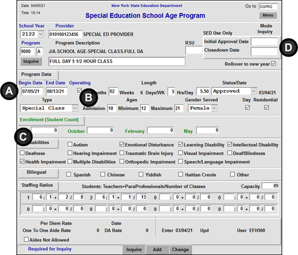 Screenshot of DSCHA Special Education School Age Program screen with Special Education Provider 2122 9000-A program loaded