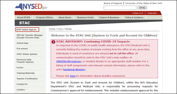 Screenshot of STAC Unit homepage, with the EFRT Online Sign-In link circled