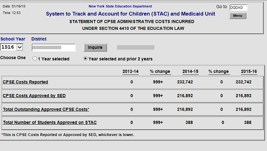 Screenshot of DQDAD (STATEMENT OF CPSE
				  ADMINISTRATIVE COSTS INCURRED UNDER SECTION 4410
				  OF THE EDUCATION LAW) Screen