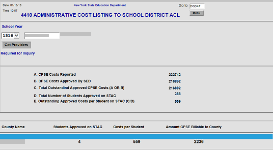 Screenshot of DQDAT (4410 ADMINISTRATIVE COST LISTING
				  TO SCHOOL DISTRICT ACL) Screen.