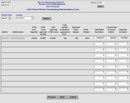 Screenshot of DDADM (4410 School District
				  Outstanding Administrative Costs) Screen