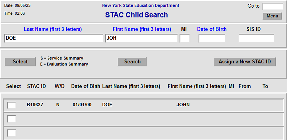 A screenshot of the DCHSR Child Search Screen. DOE has been entered in the Last Name (first three letters) field and JOH has been entered in the First Name (first 3 letters) field. There is one matched listed down below.