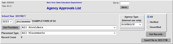 Screenshot of the top section of the DQAPP Agency Approvals List screen, with Exampletown UFSD used as the example agency.