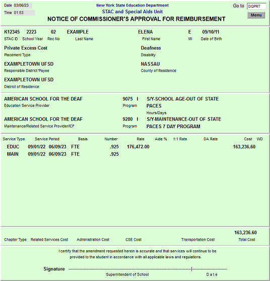 Screenshot displaying an example STAC-3 Notice of Commissioner's Approval for Reimbursement on the DSTC3 screen.