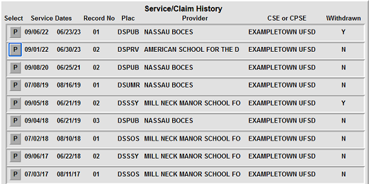 Screenshot of the bottom section of the DQPRT STAC Child Print Search screen, listing the student's existing service approvals. Cropped to display only the most recent nine records.