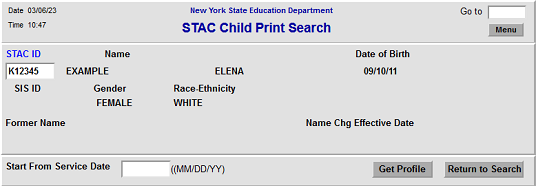 Screenshot of the top section of the DQPRT STAC Child Print Search screen.