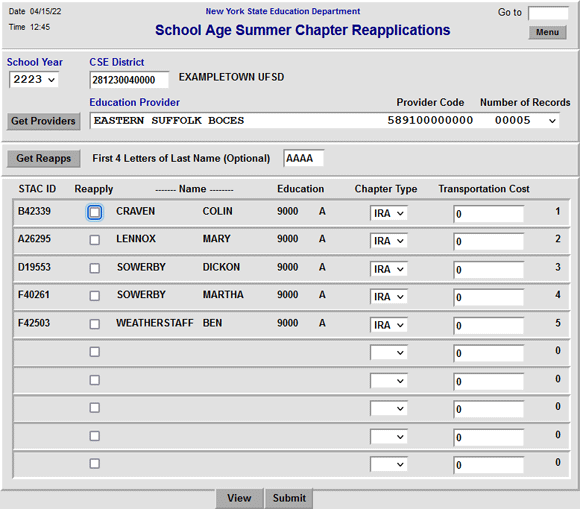 DRCSM Screenshot, displaying a list of five students for Eastern Suffolk BOCES. Chapter Type is defaulted to IRA. No transportation has been entered.