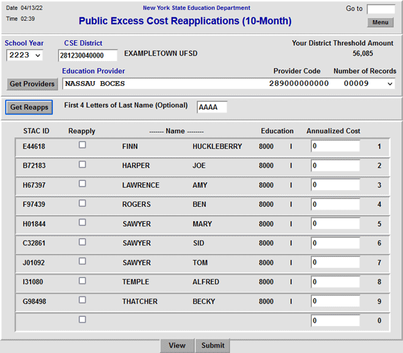 DRPUB Screenshot, displaying a list of six students for Nassau BOCES. No annualized costs have been entered.