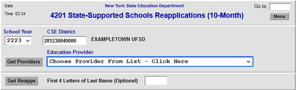 DRSSY Screenshot, after the Get Providers button has been clicked but before an Education Provider has been selected from the dropdown.
