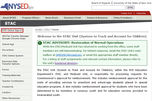 Screenshot of STAC Unit homepage, with the EFRT Online Sign-In link circled