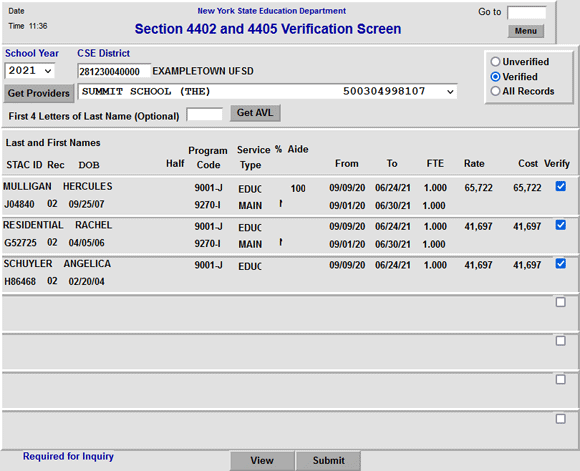 Screenshot of the full DVPRV screen with three verified records listed. One residential record with a 100 percent aide, one residential record without an aide, and one day record.