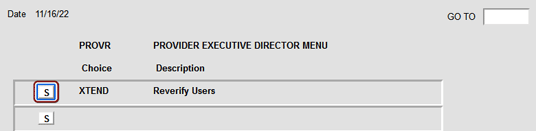 A screenshot of the PROVR Executive Director
					Menu on the STAC Online System (EFRT), with the S select button circled