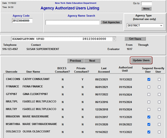 Screenshot of the XTEND Agency Authorized Users Listing. Four users have been reauthorized, with a new expiration date of 01/15/2024. Two users remain suspended, and two additional users have been suspended.