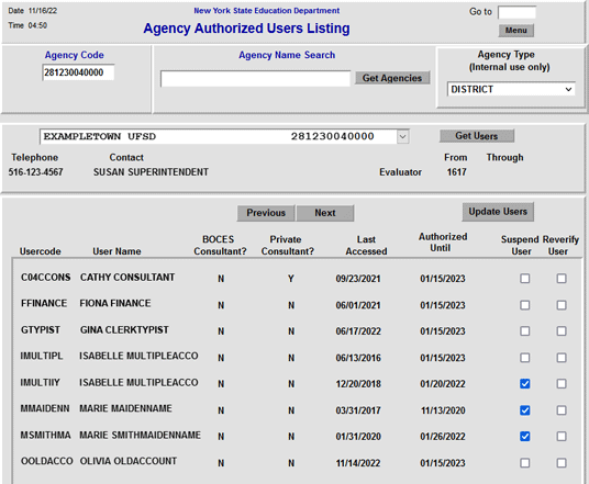 Screenshot of the XTEND Agency Authorized Users Listing. Three users have been suspended, with expiration dates of 01/20/2022, 11/13/2020, and 01/26/2022. The other five users are active, with expiration dates of 01/15/2023.