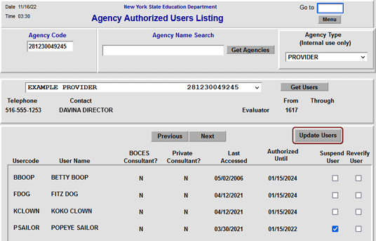 Screenshot of the XTEND Agency Authorizing Users Listing. Three users have been reauthorized, with a new expiration date of 01/15/2024. One user, with an expiration date of 01/15/2022, remains suspended.