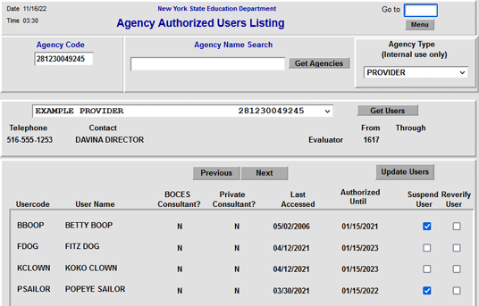 Screenshot of the XTEND Agency Authorized Users Listing. Two users have been suspended, with expiration dates of 01/15/2021 and 01/15/2022. The other two users are active, with expiration dates of 01/15/2023.