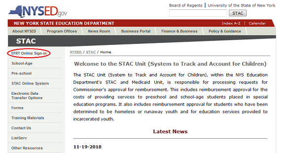 A screenshot of the STAC homepage with the EFRT Online Sign-in link circled in red.